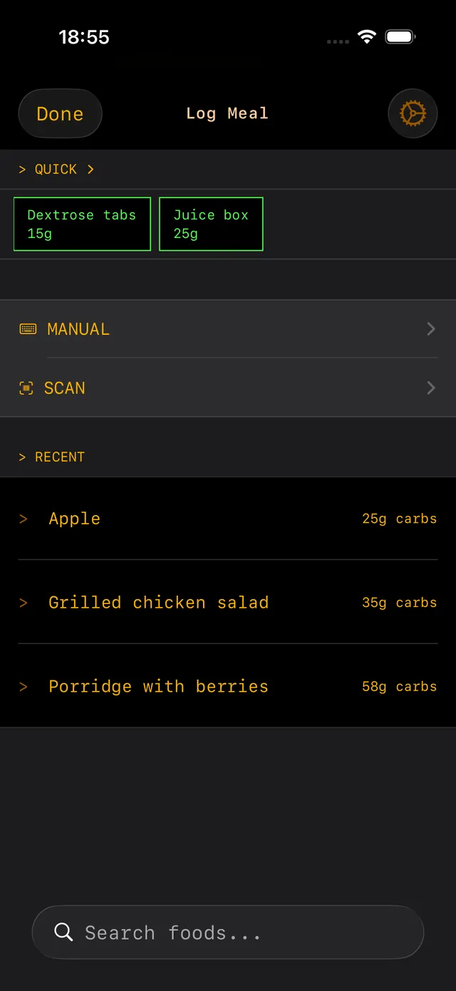 Unified meal entry with QUICK favourites section, Manual, Scan, Photo, and Ask AI paths, and a recent meals list