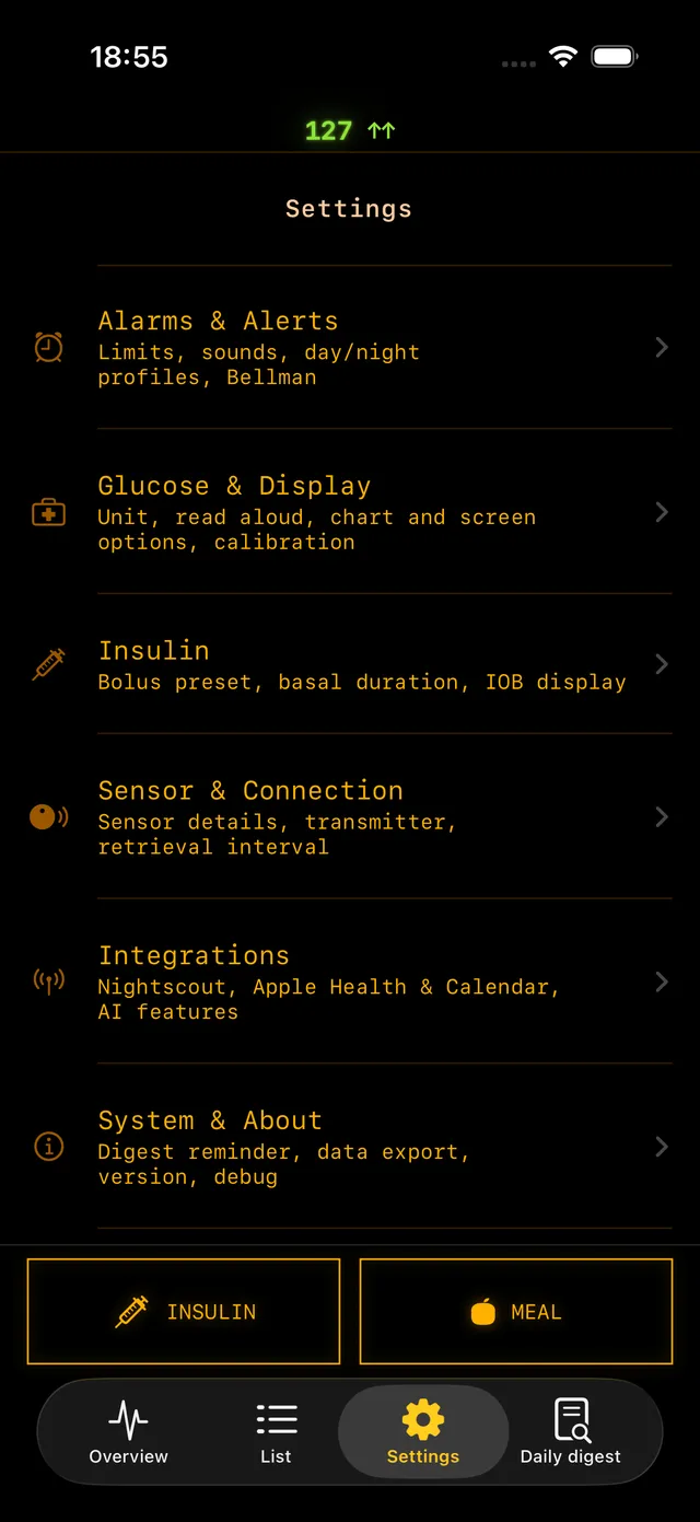 Settings hub with six category rows
